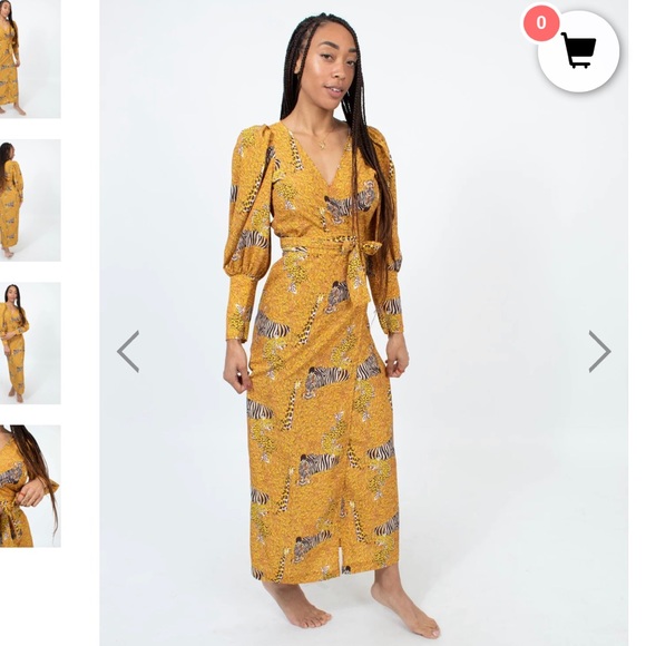 Rhode Aspen Serengeti Yellow Puff Sleeve Animal Print Zebra Wrap MIDI Dress - Picture 6 of 14